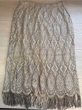 Vtg S.L. Danielle Metallic Silver Knit Maxi Skirt Sz 16 Crochet Lace Fringe Boho